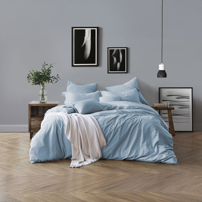 100% Cotton Crinkle Washed Duvet Cover Set, King/Cal. King Duvet Cover + 2 Shams, Chambray Blue