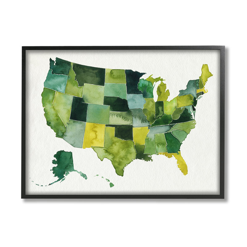 Carte des États-Unis, art moderne, H 11 po x l 14 po x P 1,5 po, Giclée encadrée noir minuit