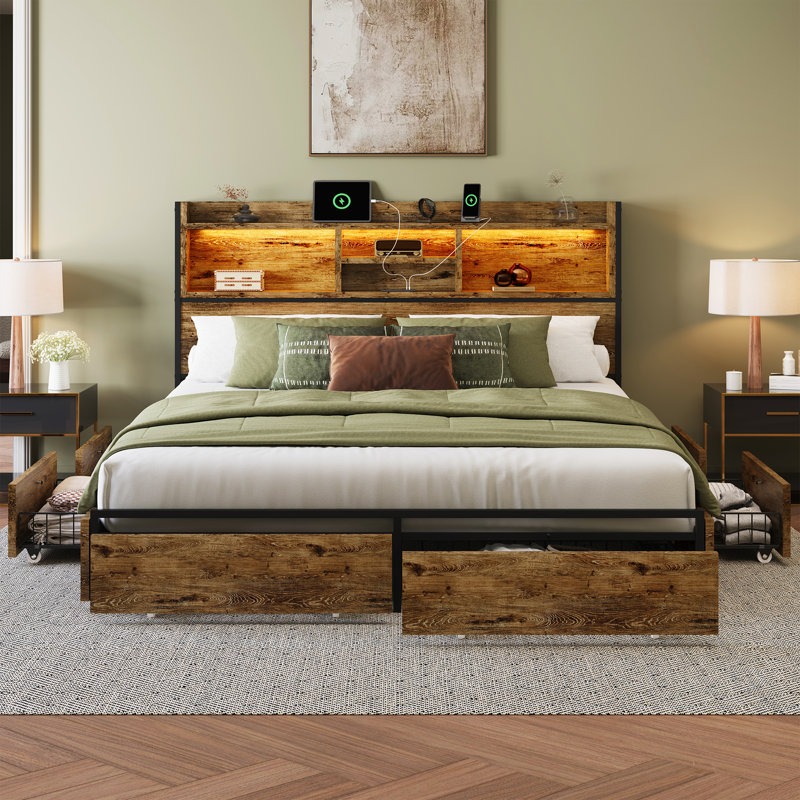 Queen Size Bed Frame with 6 Drawers & Storage Headboard, Platform Bed with Led Lights & Charging Station, Brown, Brown, Queen