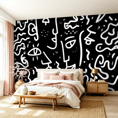 Peel and Stick Wallpaper Wall Mural Abstract Line Drawing Faces Masks Geometric Shapes Repeating Wall Art Self Adhesive and Removable