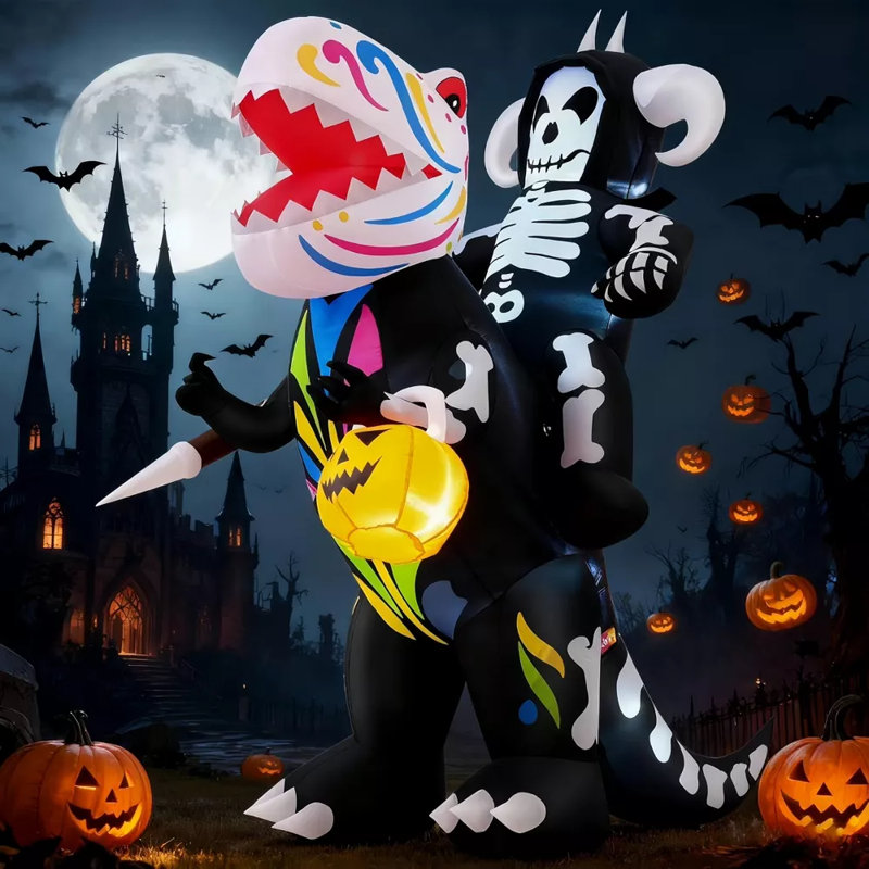 Décoration gonflable d'Halloween pour jardin : squelette de chevalier chevauchant un dinosaure, 1,2 × 2,1 × 2,4 × 2,4 × 1,2 ...