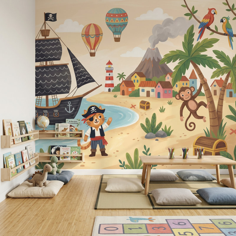 Papier peint pirate tropical, paysage de plage, livre de contes, illustration, décoration murale amovible, 140 po x 108 po