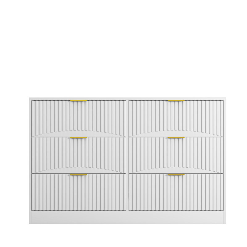 Grande commode blanche moderne à 6 tiroirs avec grand panneau de rangement ondulé pour espaces multiples, White