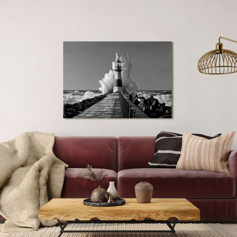 Photograph Of A Lighthouse In The Mediterranean Sea by Pangea Images - Wrapped Canvas Print, 90cm H x 120cm W x 4cm D, Grey