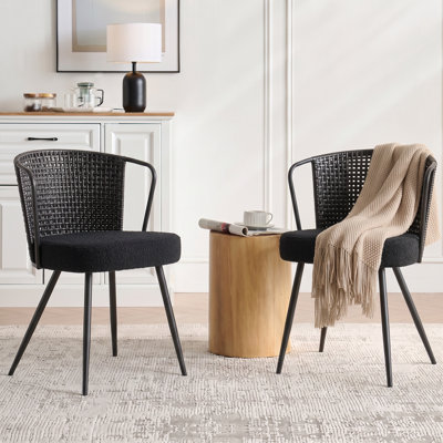 Chaise de salle à manger en rotin de 19 po de hauteur avec siège à oreilles et pieds en métal pour la maison et la cuisine (ensemble de 2)