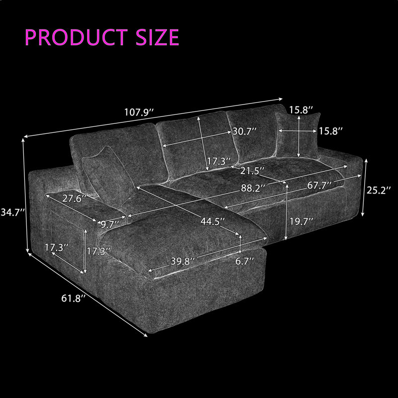 Canapé modulaire 107,9 po avec coussins à double couche, poches latérales et rangement 107 po, Chenille gris foncé
