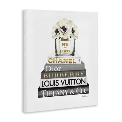 Blooming White Floral Display On Glam Designer Bookstack by Amanda Greenwood - Graphic Art Print on Wood