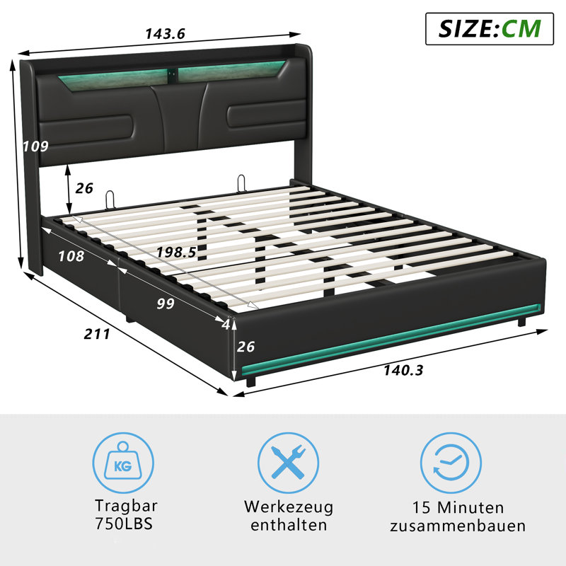Upholstered Bed, European Double (140 x 200 cm)