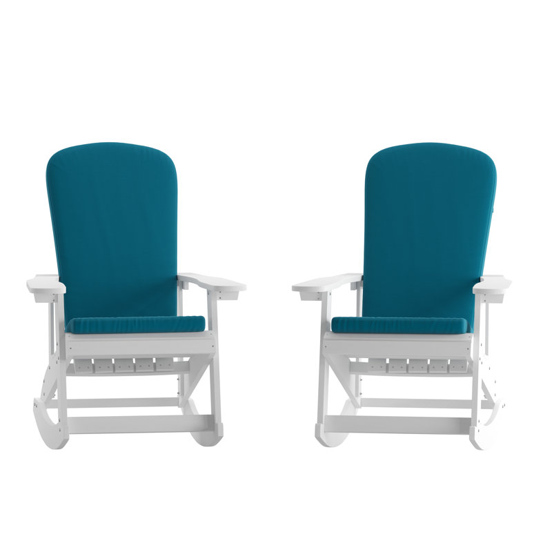 Indoor/Outdoor Rocking Adirondack Chairs with Cushions, White/Teal