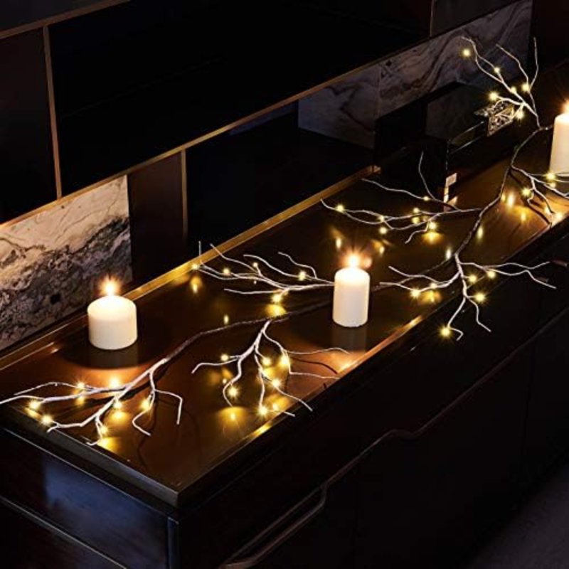 Lighted Garland Snow Flocked With Timer 6FT 48 LED Battery Operated Pre-Lit Twig Vine Firepalce Mantle Table Winter Christmas Decoration Indoor Outdoor