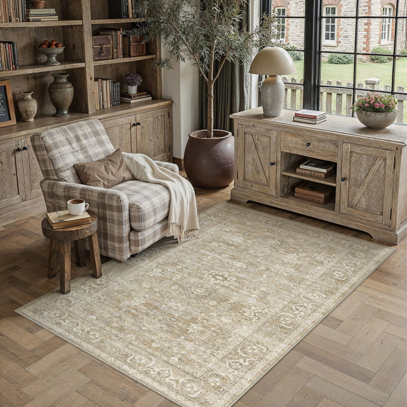 Tapis oriental lavable à la machine avec envers antidérapant Avella, Beige, Rectangulaire 3 pi x 5 pi