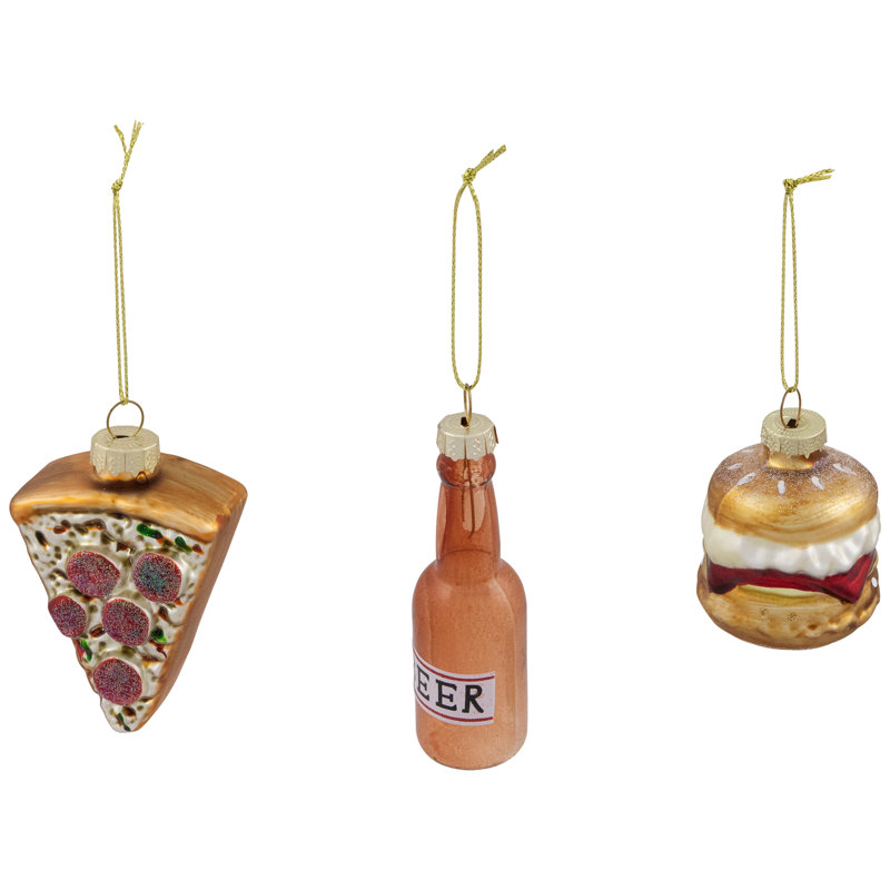 Ornements de Noël pizza en verre et hamburger - 3,5 po - ensemble de 3