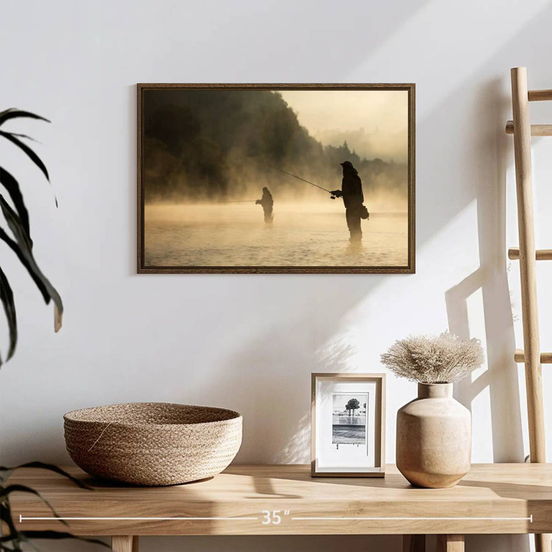 Pêche à la mouche dans la rivière Foggy, 19 po x 13 po, Cadre flottant noyer