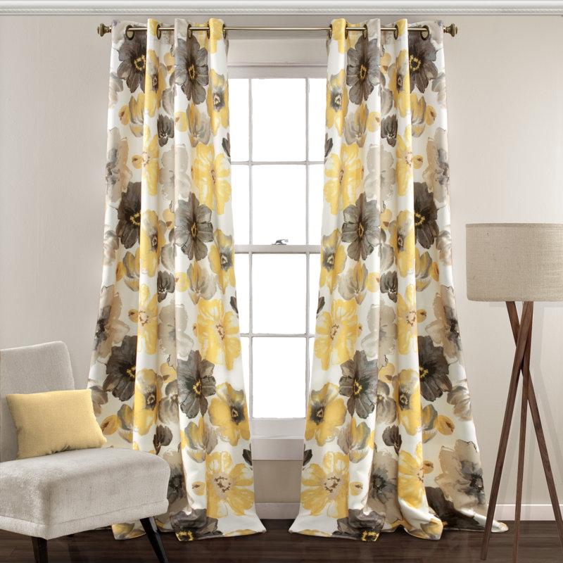 Leah Room Darkening Curtain Pair, Yellow/Gray, 52"W x 120"L