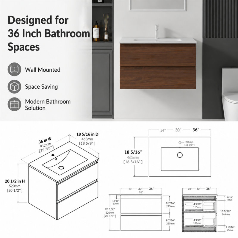 Meuble-lavabo mural suspendu de 36 pouces, Brun