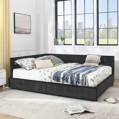 Grand lit de jour rembourré en velours capitonné avec dossier, accoudoirs et 2 tiroirs de rangement pour la chambre à coucher ou le salon, bleu foncé (85,5 po x 64,5 po x 29,5 po)