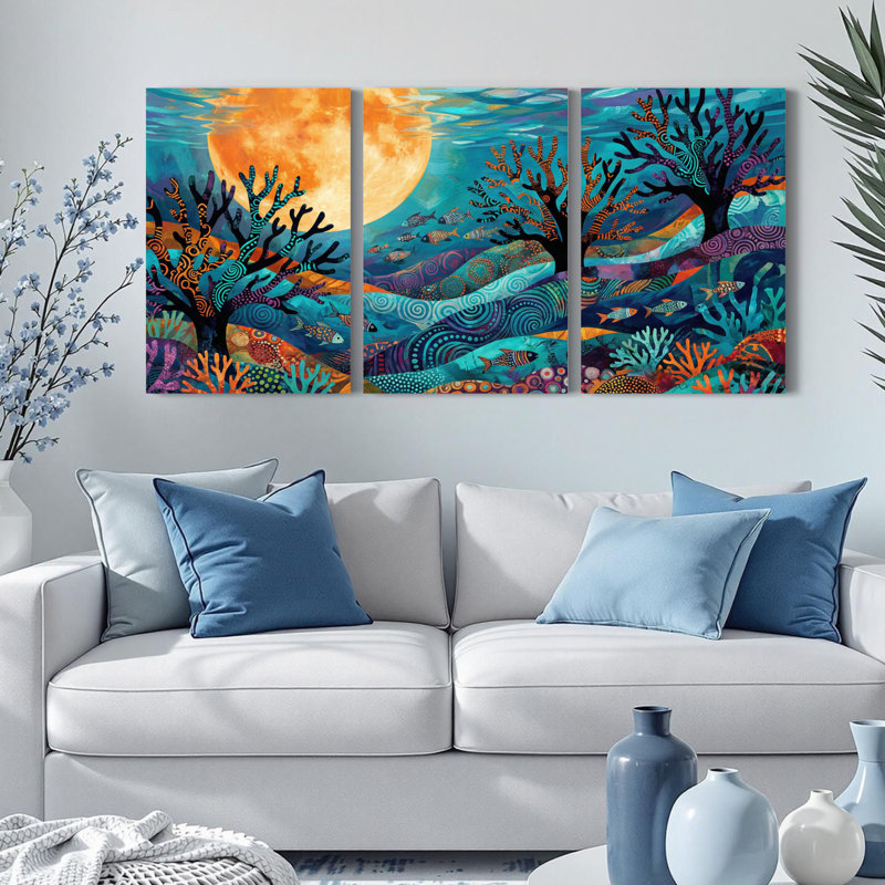 Ensemble de 3 tableaux sur toile représentant un récif corallien sous-marin avec la lune, 2436
