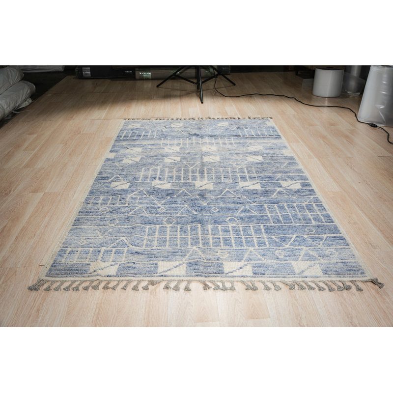 Elegant Marrakech Blue Hand-Knotted Wool Contemporary Transitional Area Rug, Rectangle 5' x 8'