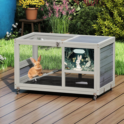 Maison pour animaux cochon d'Inde grise 2 sur roulettes, avec motifs colorés, toit ouvrable, rampe et plateau amovible, facile à assembler à 2 niveaux pour les petits animaux, assemblage de cage, animal de compagnie