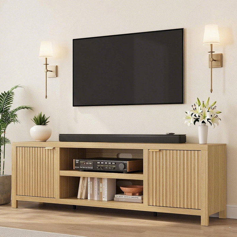Fluted TV Stand for 80 Inch, Modern Entertainment Center with Storage, Wooden Media Console Cabinet with Fluted Door and Gold Handle for Living Room Bedroom