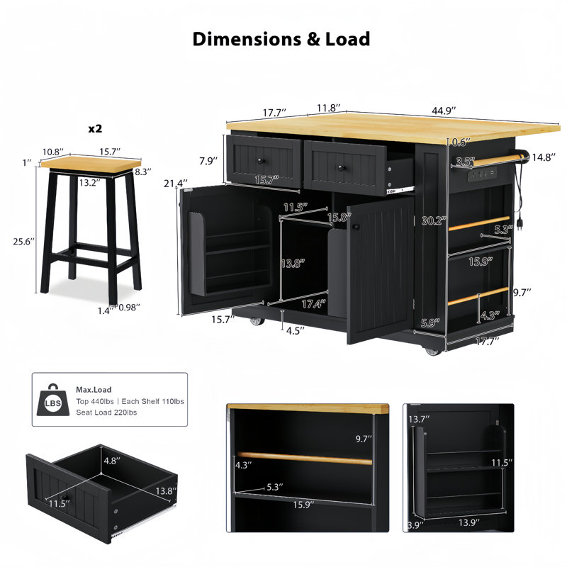 48inch Large Kitchen Island With 2 Bar Stools, Power Outlet, Door Internal Storage Rack, Kitchen Storage Cart For Kitchen,dining Room,black