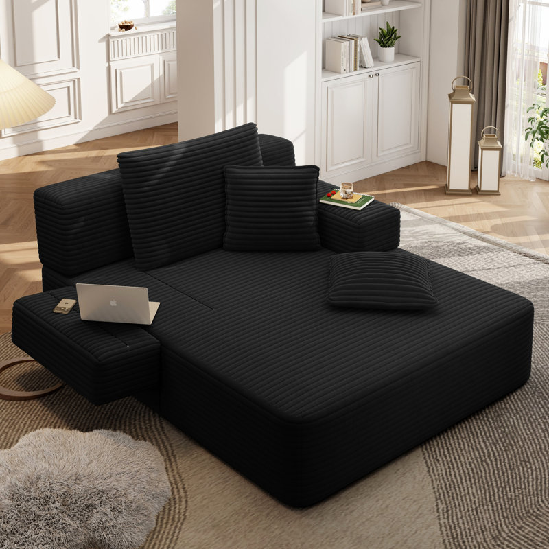 Chaise longue en velours côtelé luxueux avec 3 coussins, canapé-lit convertible et poche de rangement, Noir