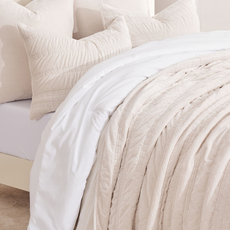 Ensemble de courtepointe Ruched, Courtepointe pour lit grand + deux taies décorati, Ivoire blanc