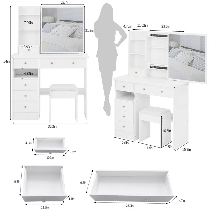 37" Middle Size Left Drawer Desktop Vanity Table + Cushioned Stool, Extra Large Right Sliding Mirror, Multi Layer High Capacity Storage, Practical Fashionable Dresser, Suitable For Large Space