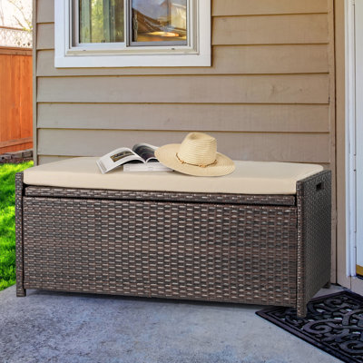 Tabatha PE Wicker Outdoor Patio Storage Bench with Cushion
