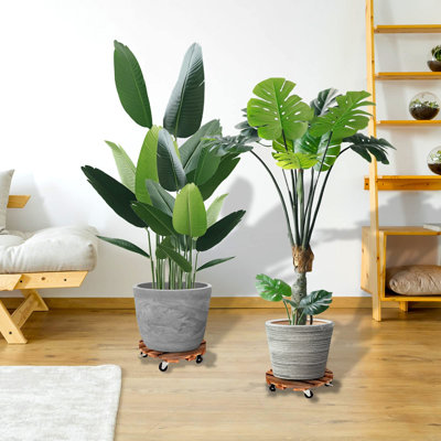 Lot de 2 supports à plantes ronds de 30 cm (12 pouces) en bois, avec roulettes