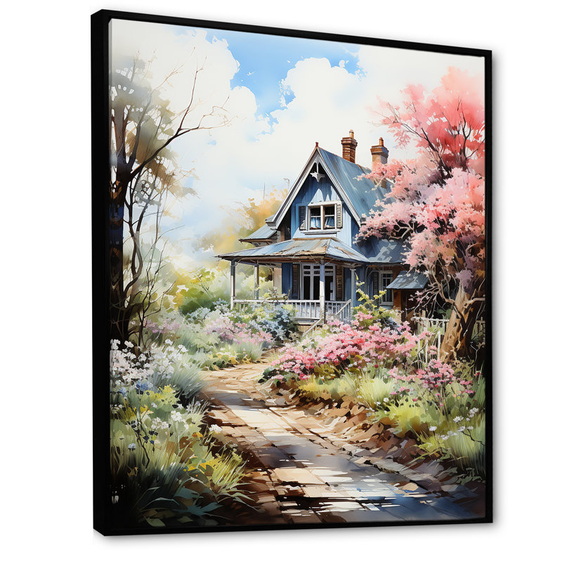 «Blossom Bungalow By The Lake 3», art mural paysage, Cadre flottant noir, H 40 po x l 30 po x P 1,5 po