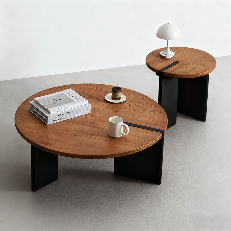 Retro Black Solid Wood Round Coffee Table