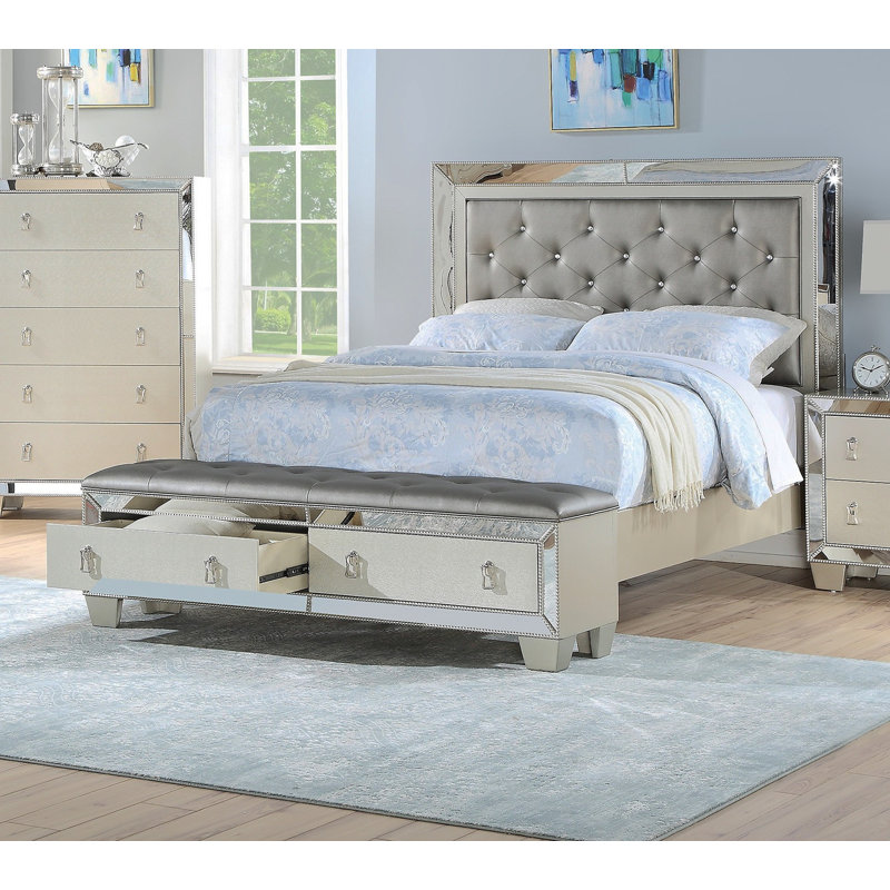 Glam Luxurious 1Pc Queen Size Bed W Drawers Footboard Silver Mirror Accents Tufted Headboard Bedroom Furniture, Queen
