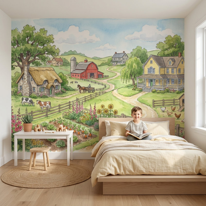 Papier peint mural de style ferme, chalet de campagne, 100"x96", Non-Woven Nonpasted