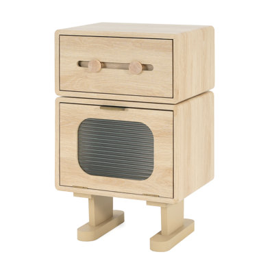 Multi - Purpose Robot Side Table With Natural Color, Rotating Function, And Glass Cabinet Storage For Bedrooms Inspired Top, Spacious