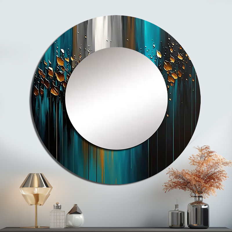 Oplis Abstract Geometric Green And Gold - Geometric Mirror, Modern Unique Wall Mirror, Printed Metal Art, 36" x 36", Round