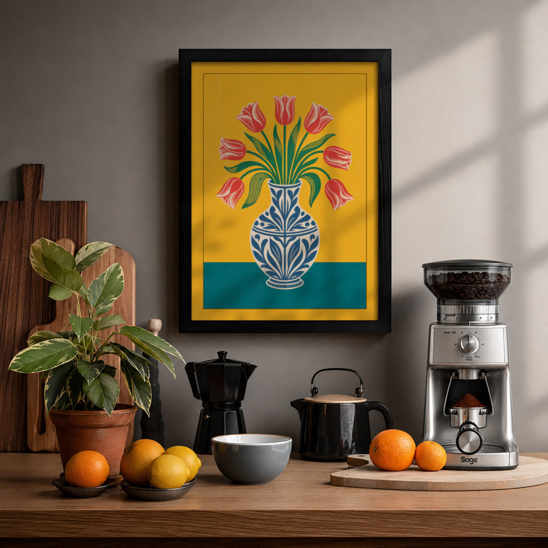 Striped Tulips In Blue Botanical - Print, Black, A3 - 42.0 x 29.7 cm