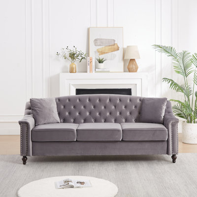 Canapé Chesterfield de 82 po en velours pour salon et appartement, capitonnage à boutons sur le dossier et les accoudoirs, garniture cloutée, canapé rembourré moderne avec pieds en bois massif de qualité supérieure, canapé pour la chambre à coucher