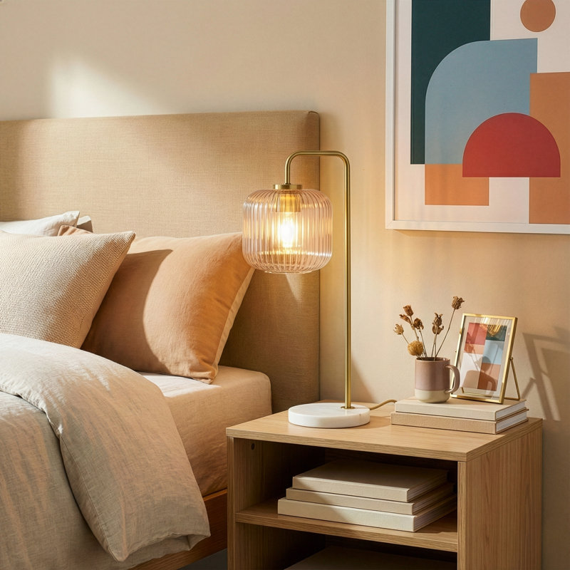 Socoma Ribbed Glass Table Lamp with Brass Finish and Marble Base
