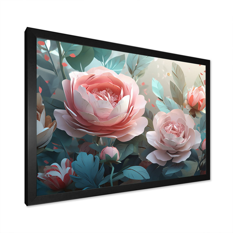 «Pink Green Peony In Motion II», reproduction d'art sur toile, Cadre photo noir, H 12 po x l 20 po x P 1 po