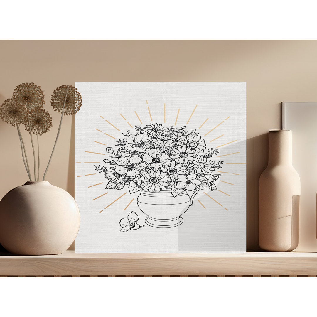 Modern Floral Line Art Canvas, Faux Gold Sunburst Bouquet Wall Art Print, Boho Botanical Flower Vase Home Decor Gift