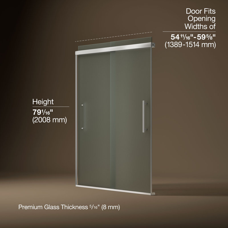 Pleat Frameless Sliding Shower Door, 79-1/16 In. H X 54-5/8 - 59-5/8 In. W, With 5/16 In. Thick Frosted Glass, Silver