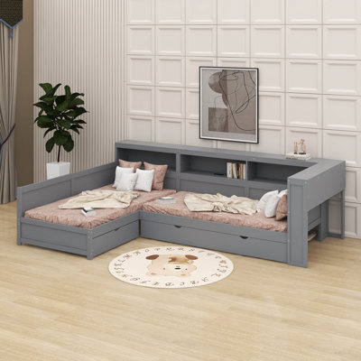 Lit plateforme simple en bois en L avec lit gigogne et tiroir