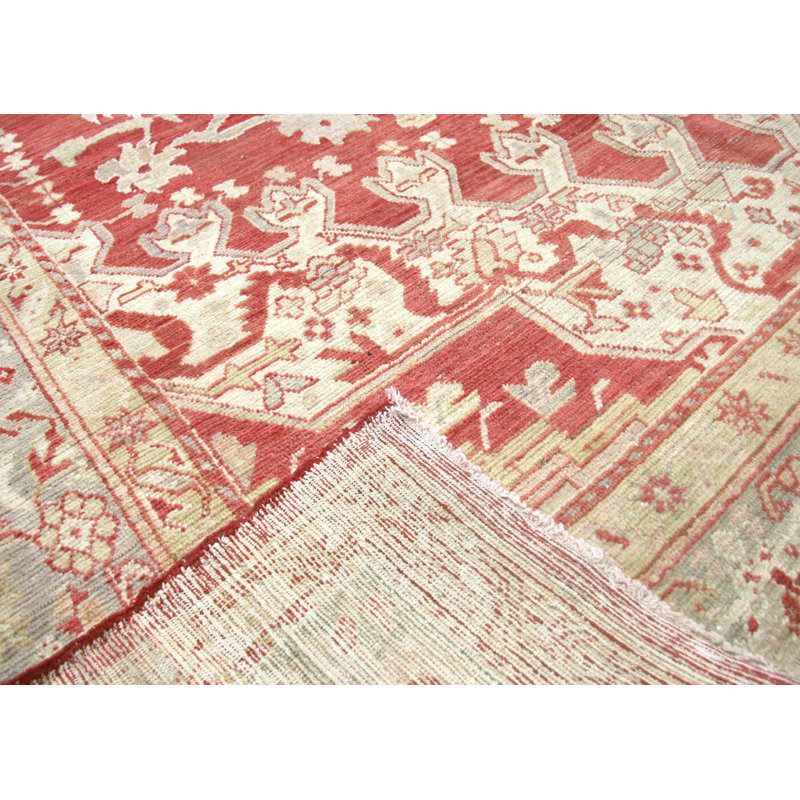 Tapis unique en laine noué à la main de style années 1900 de 10 pi 4 po x 12 pi 4 po en rouge / blanc / beige