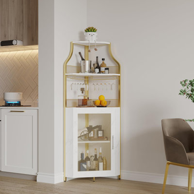 Corner Bar Cabinet, 61" Liquor Cabinet w/Glass Rack & Adjustable Shelves, 5-Tier Farmhouse Wine Cabinet w/Lockable Door & Adjustable feet for Dining R by Wrought Studio