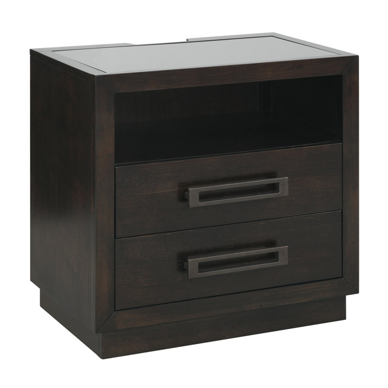 Table de chevet de chambre à coucher avec 2 tiroirs, DEL, port, prises de courant, finition gris anthracite et sections de tiroir de table de chevet en verre