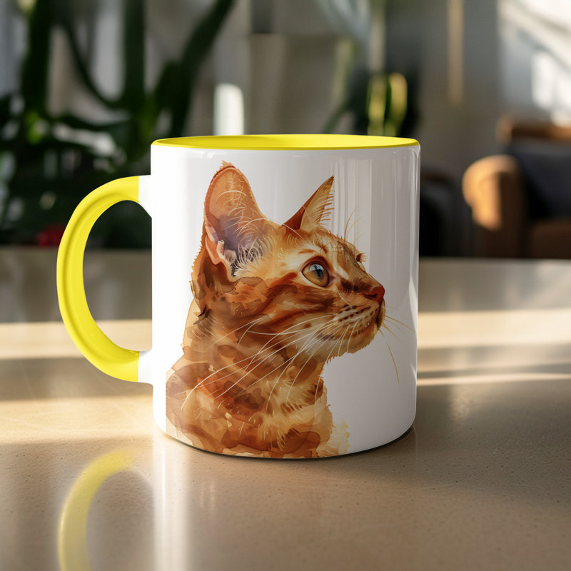 Cat Design 11oz Accent Mug – Ceramic Coffee Cup with Colored Handle and Interior, 2, Yellow