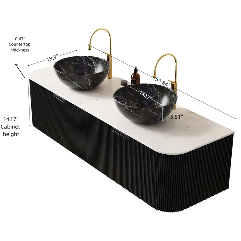 Meuble de rangement pour salle de bain de 60 po, 2 tiroirs, lavabos en céramique noire, motif de pierre, fini rayé 3D, contreplaqué haute résistance, grande capacité de rangement