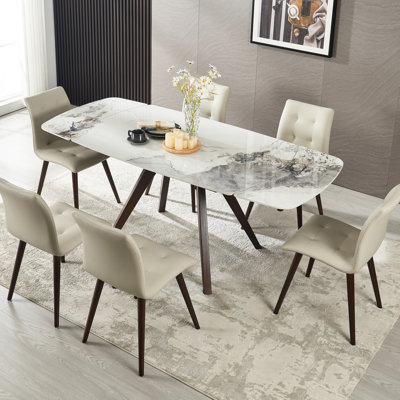 Table de salle à manger rétractable par la chaleur pour 8 personnes, forme ovale, base en bois massif, couleur brun et blanc, plateau en pierre frittée blanche extensible idéale pour le salon 12 et pieds en peuplier imperméables avec structure en métal, maison