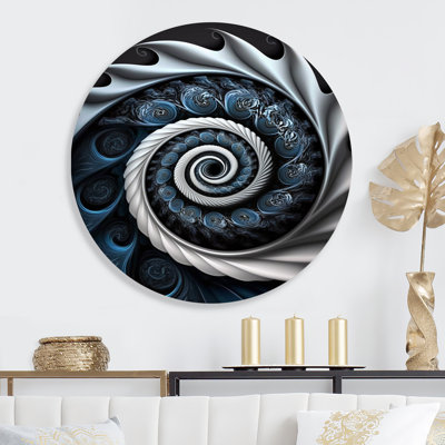Bleu et blanc vitrail liquide II - spirales abstraites, art mural rond sur métal